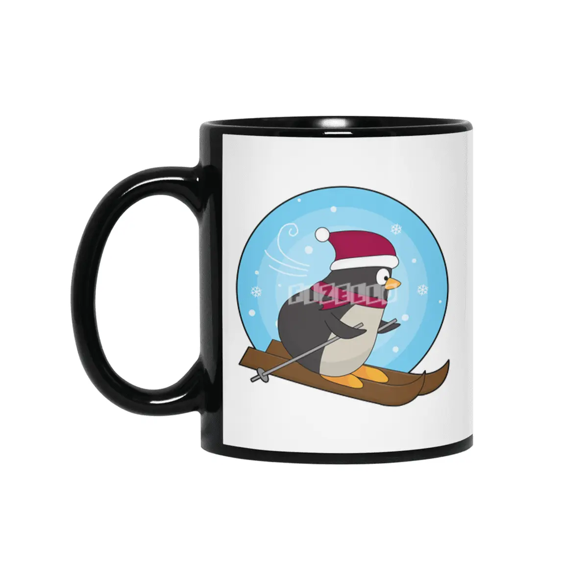 Penguin as Skier with Skis Siyah Kupa