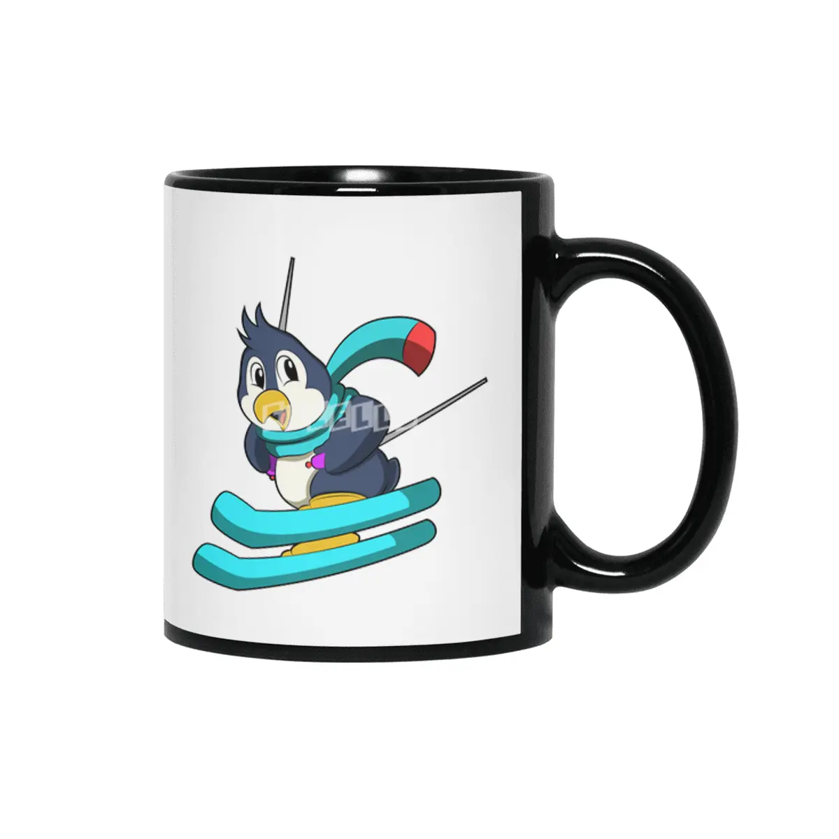 Penguin as Skier with Skis Siyah Kupa