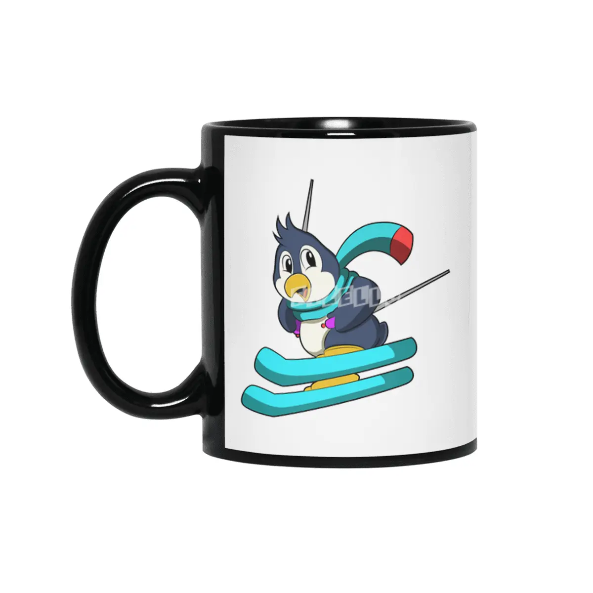 Penguin as Skier with Skis Siyah Kupa