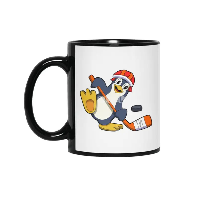 Penguin at Ice hockey with Ice hockey stick & Cap Siyah Kupa