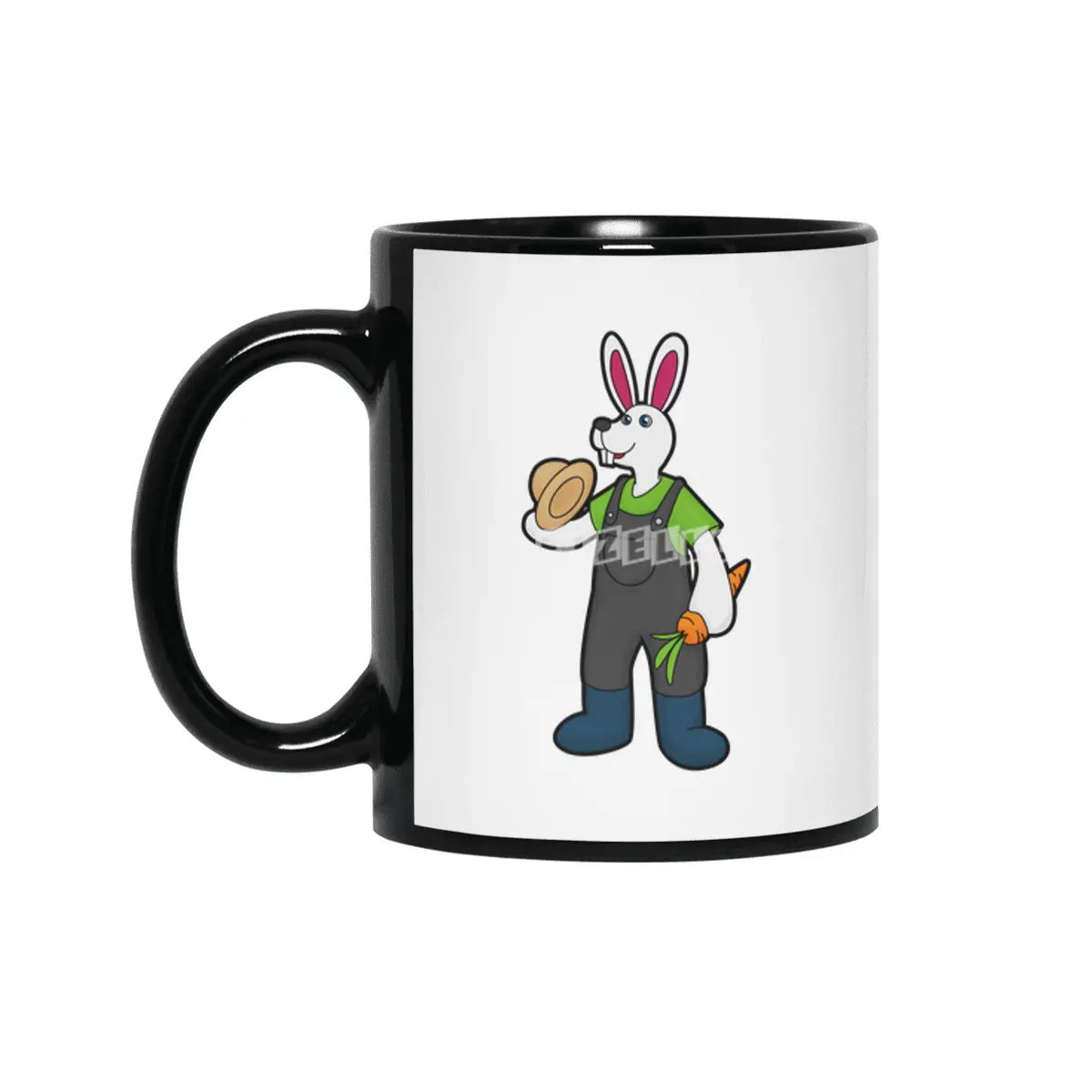 Rabbit as Farmer with Carrot & Hat Siyah Kupa