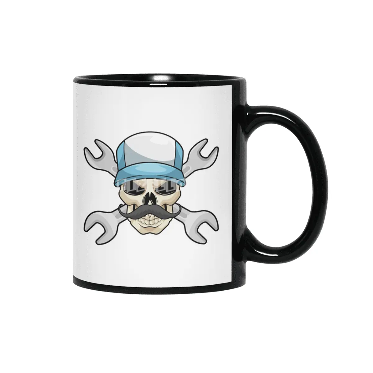 Skull with Mustache & Wrench Siyah Kupa