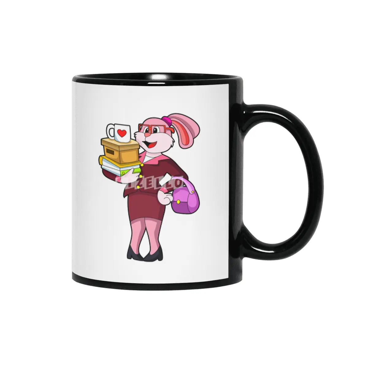 Bunny as Secretary with Cup Books & Carton Siyah Kupa
