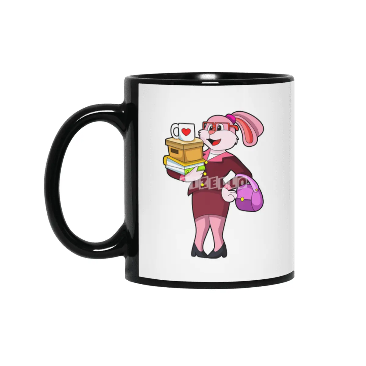 Bunny as Secretary with Cup Books & Carton Siyah Kupa