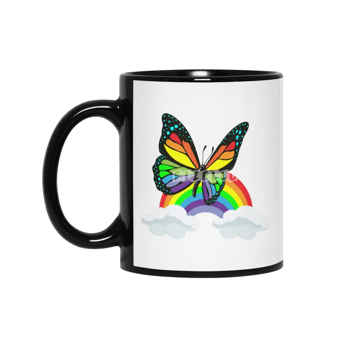Butterfly with Rainbow Siyah Kupa