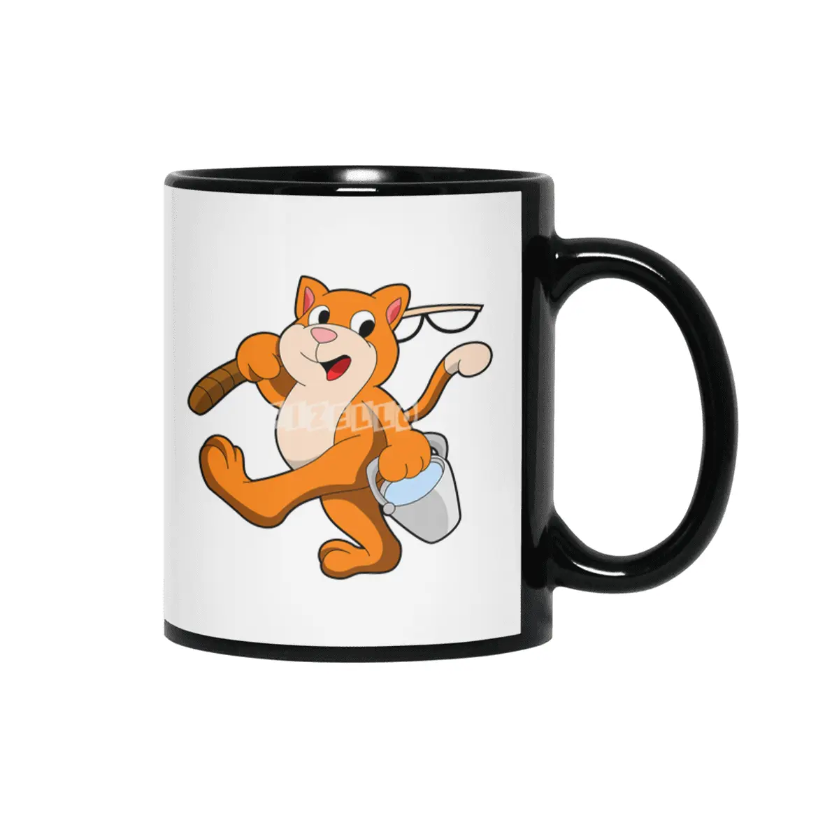 Cat as Angler with Fishing rod & Bucket of Water Siyah Kupa
