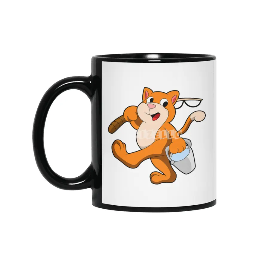 Cat as Angler with Fishing rod & Bucket of Water Siyah Kupa