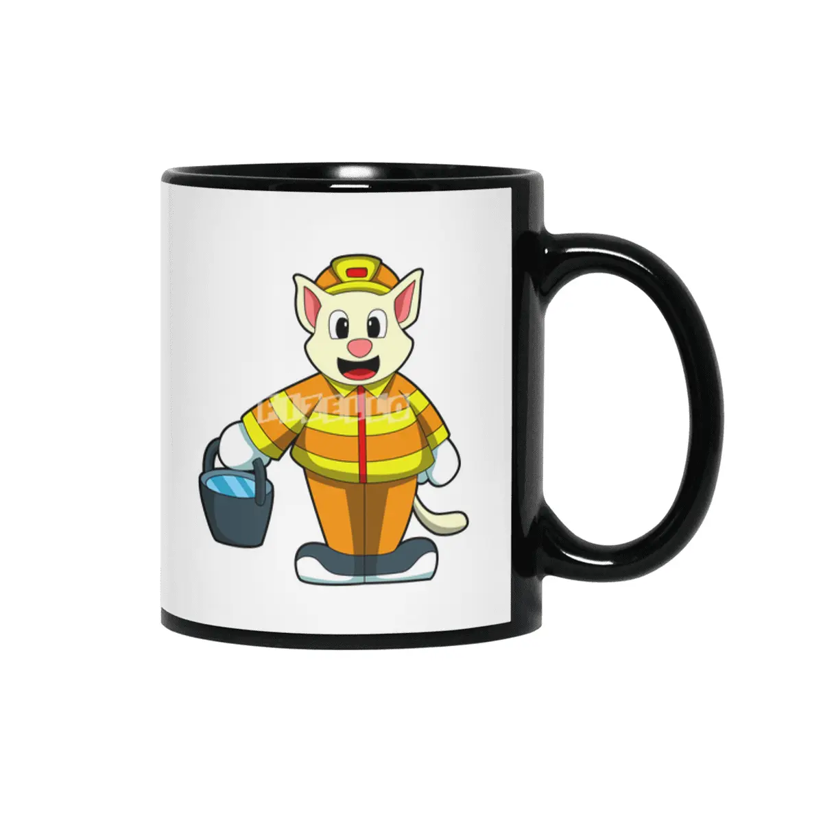 Cat as Firefighter with Bucket of Water Siyah Kupa