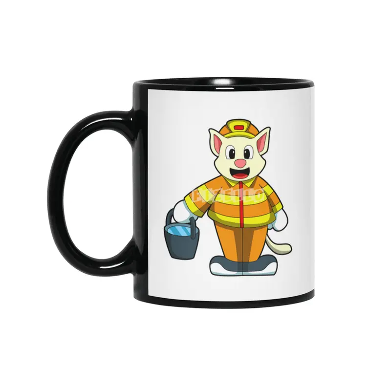 Cat as Firefighter with Bucket of Water Siyah Kupa