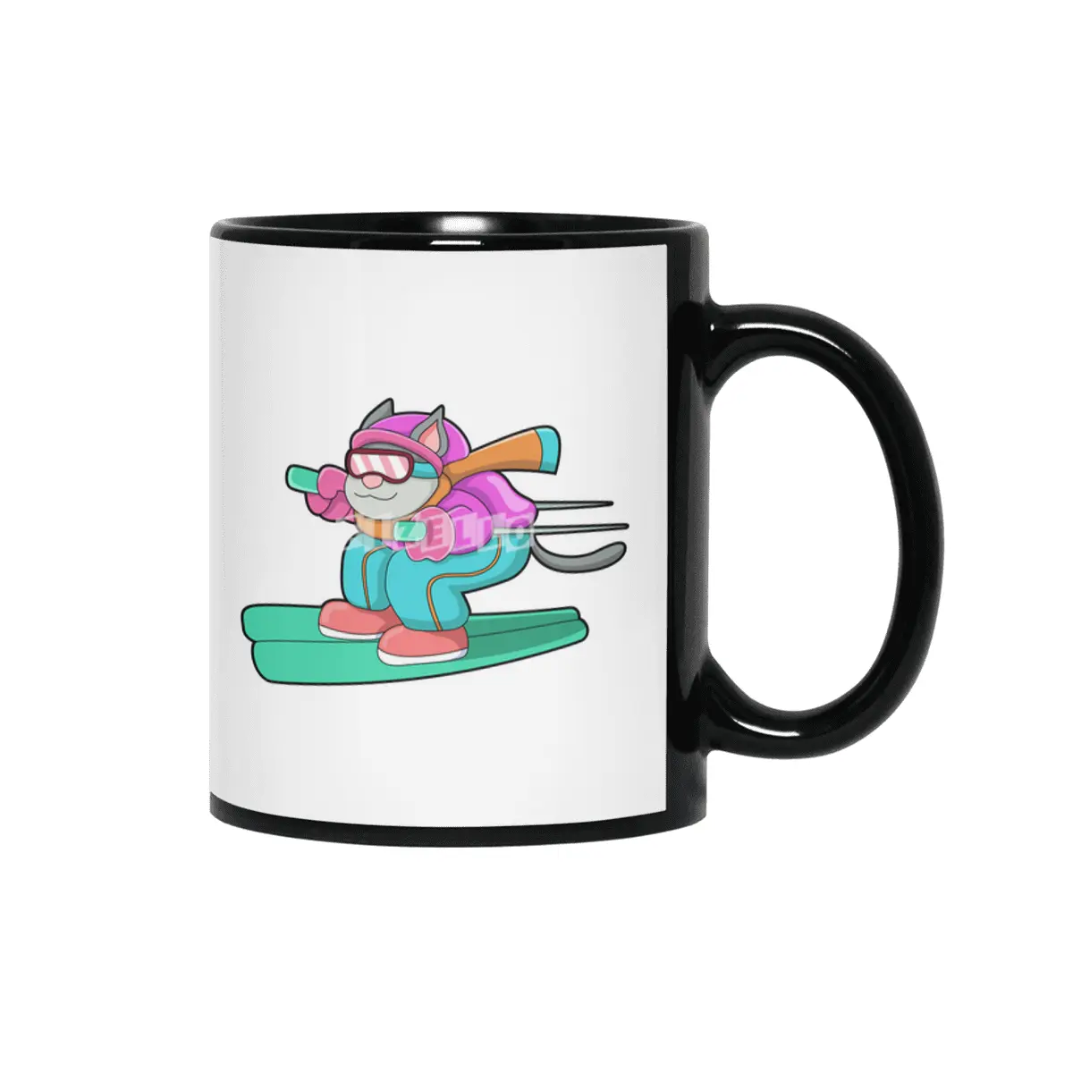 Cat as Ski jumper with Ski & Ski goggles Siyah Kupa