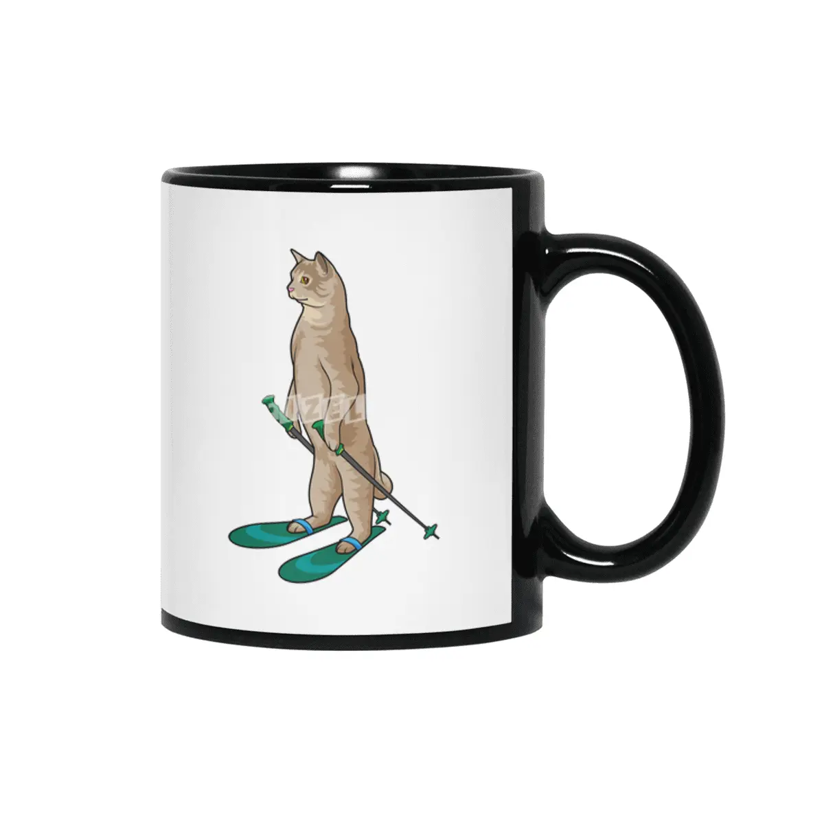 Cat as Skier with Ski and Ski poles Siyah Kupa