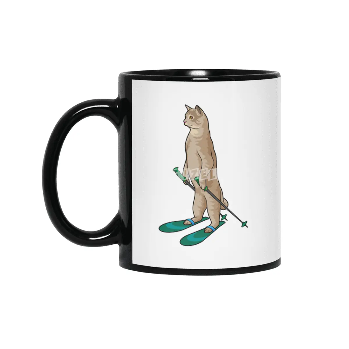 Cat as Skier with Ski and Ski poles Siyah Kupa