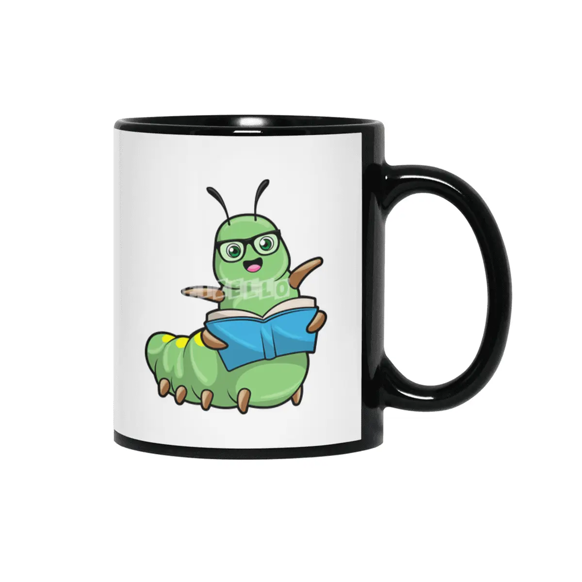 Caterpillar as Nerd with Book & Glasses Siyah Kupa