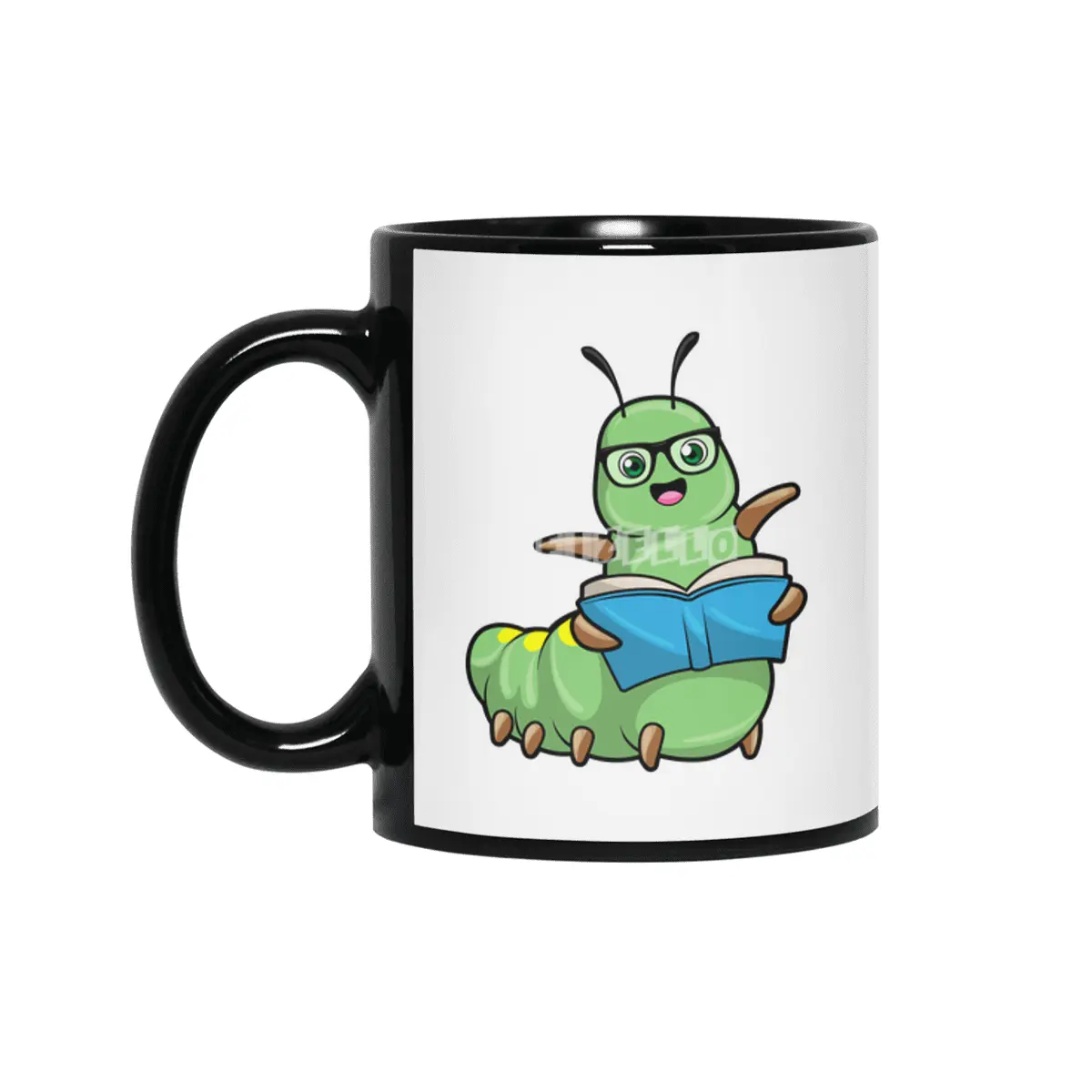 Caterpillar as Nerd with Book & Glasses Siyah Kupa