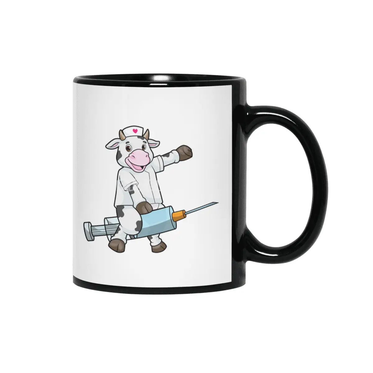Cow as Nurse with Heart & Syringe Siyah Kupa