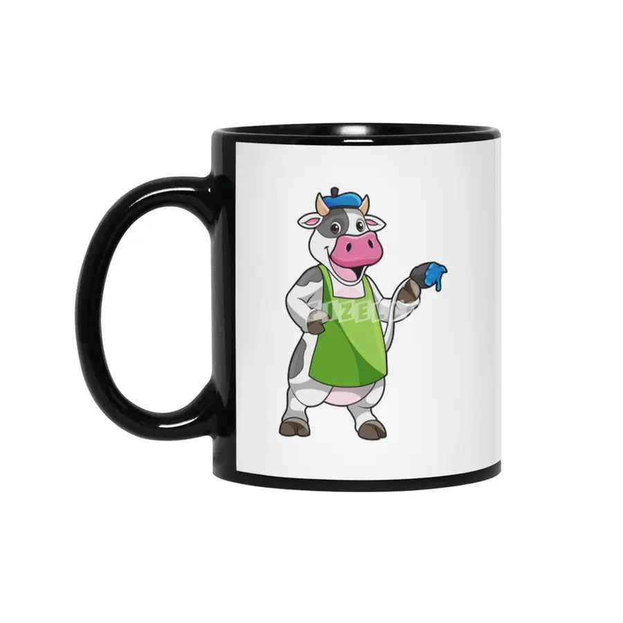 Cow as Painter with Paint & Apron Siyah Kupa