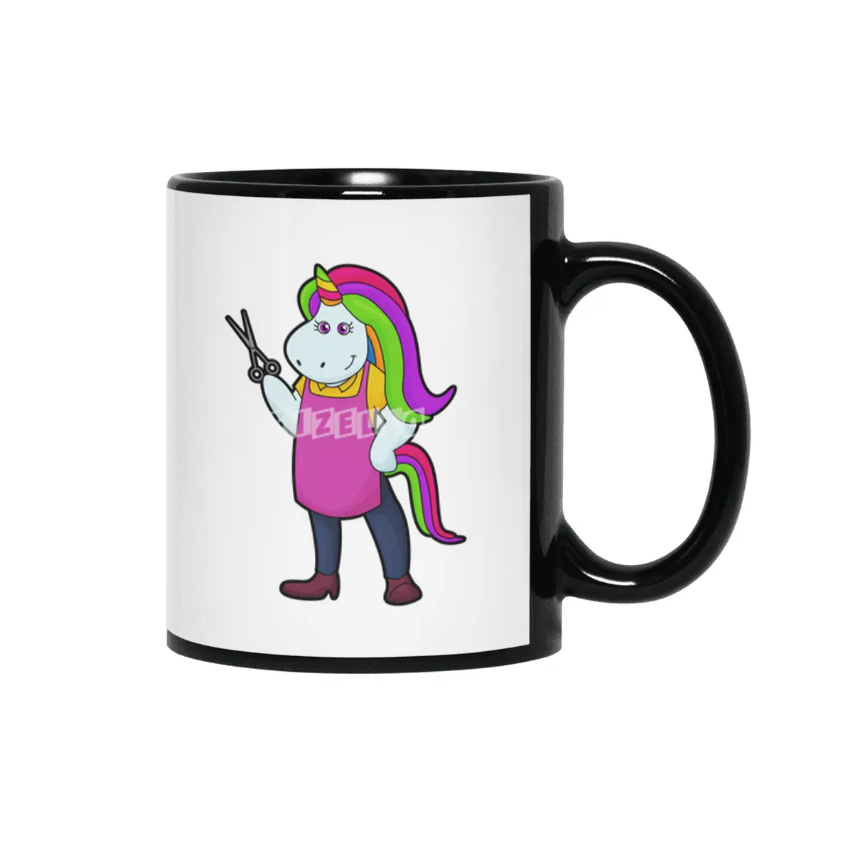 Unicorn as Hairdresser with Scissors Siyah Kupa