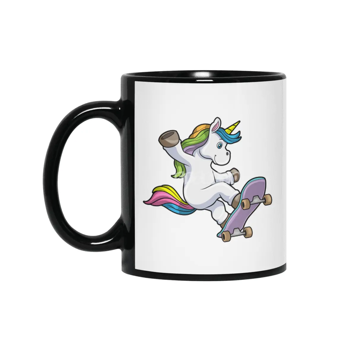 Unicorn as Skater with Skateboard Siyah Kupa