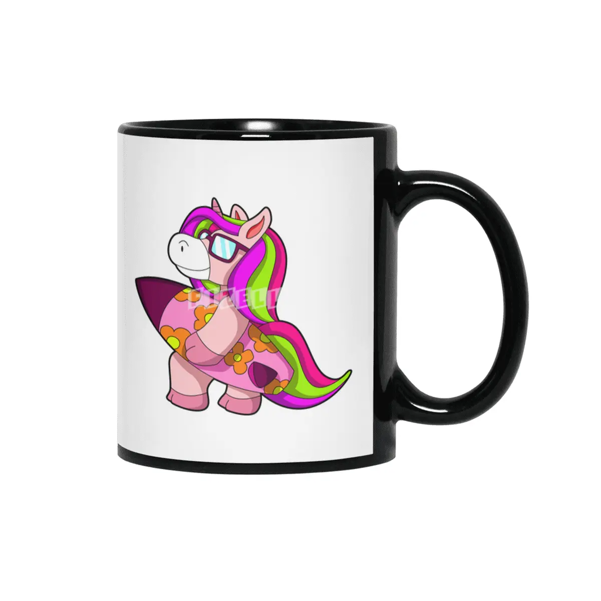 Unicorn as Surfer with Surfboard & Sunglasses Siyah Kupa