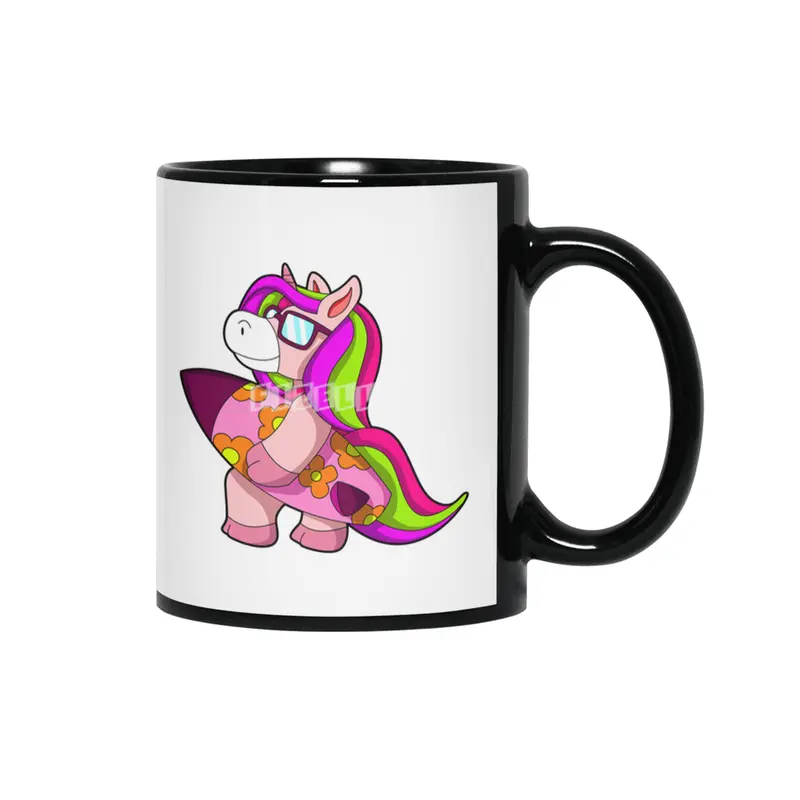 Unicorn as Surfer with Surfboard & Sunglasses Siyah Kupa