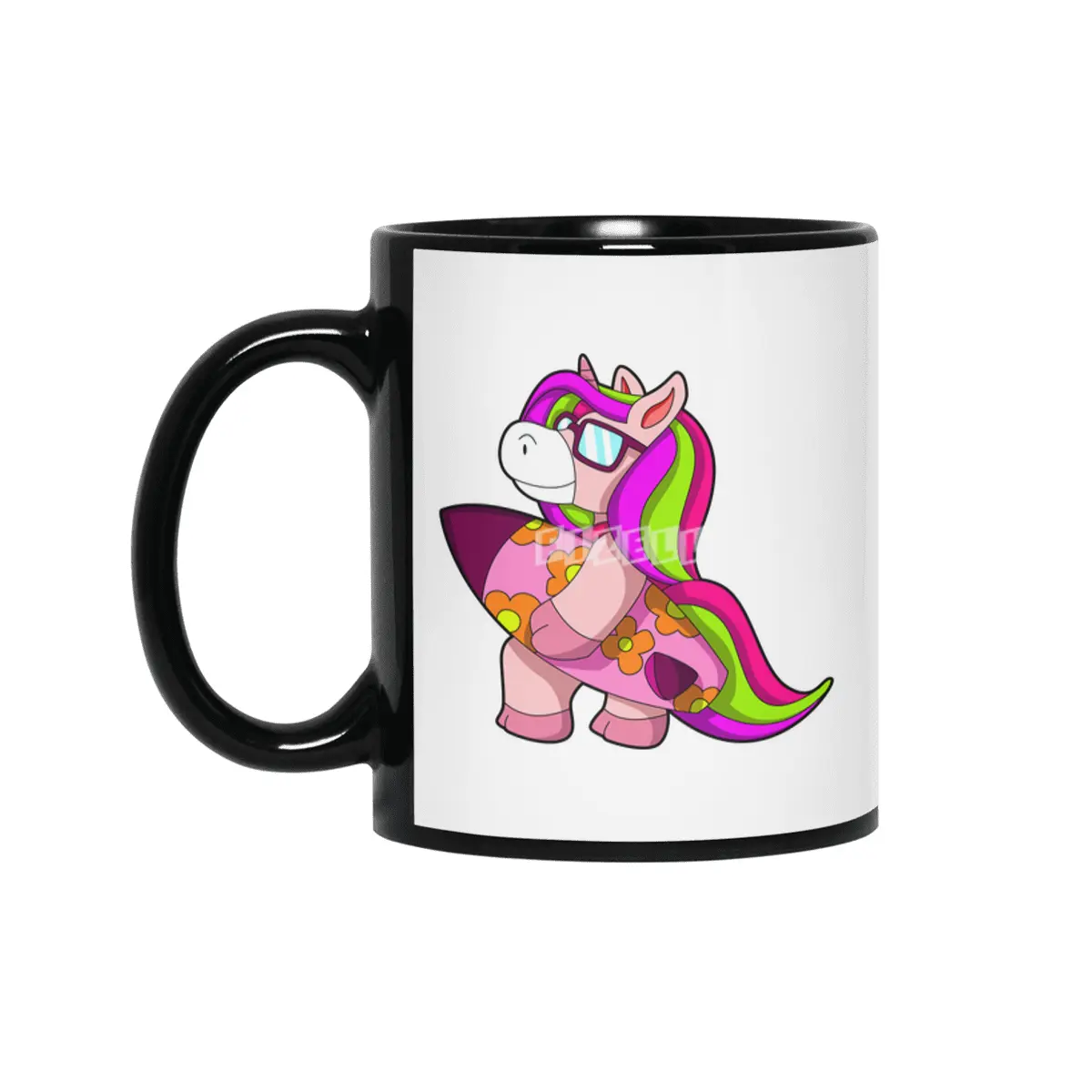 Unicorn as Surfer with Surfboard & Sunglasses Siyah Kupa