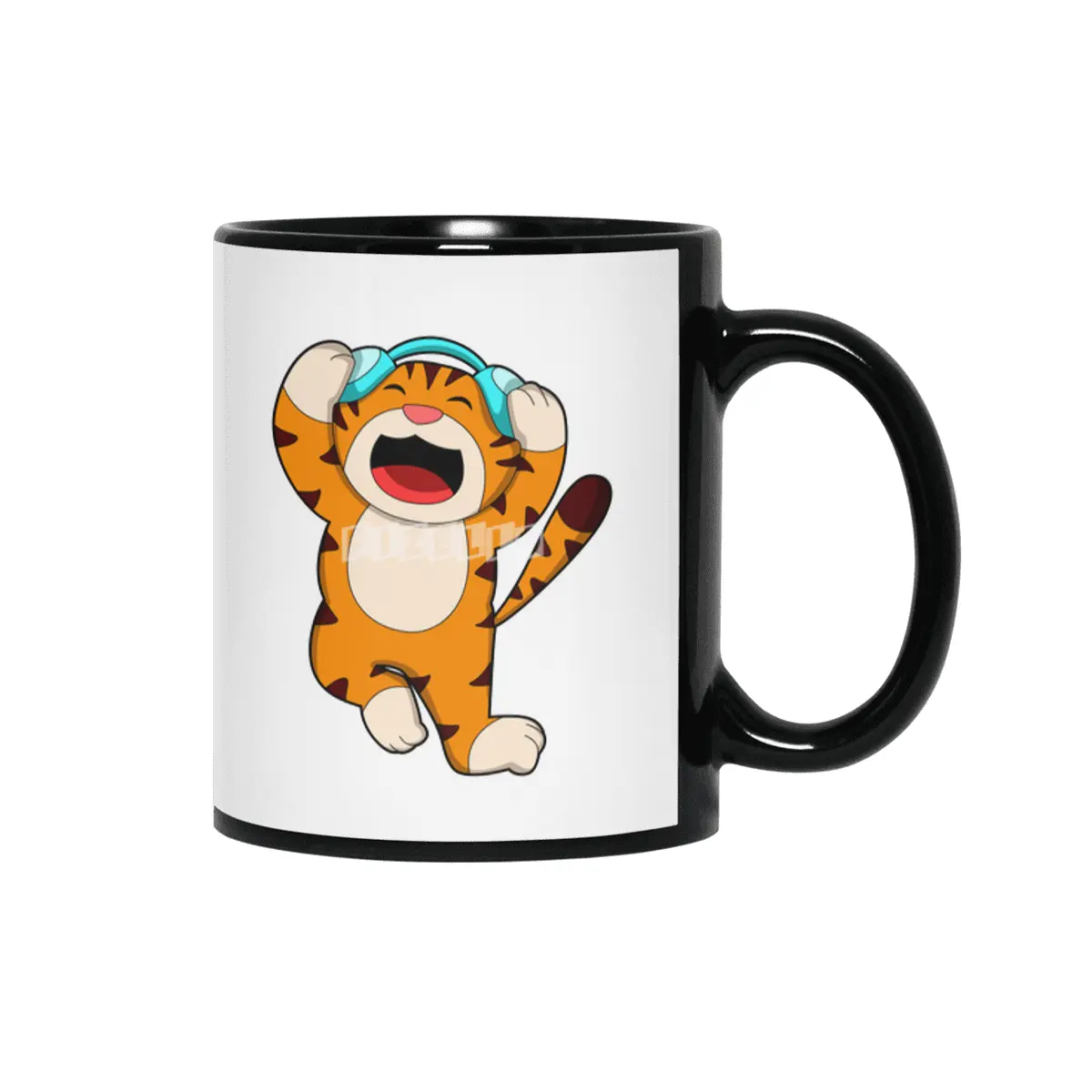 Tiger at Music with Headphone Siyah Kupa