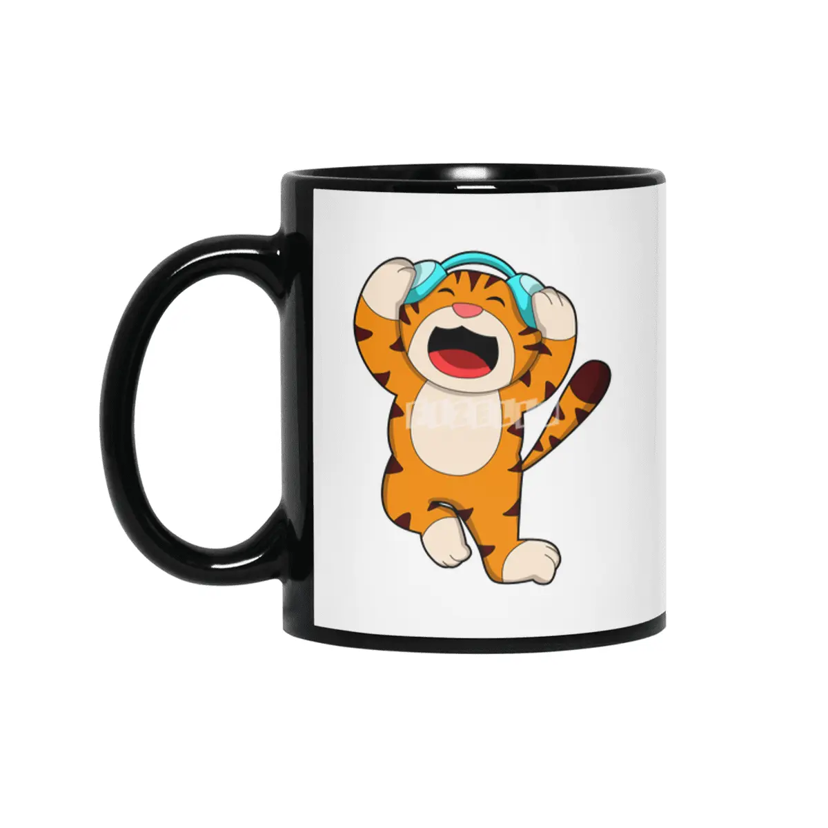 Tiger at Music with Headphone Siyah Kupa