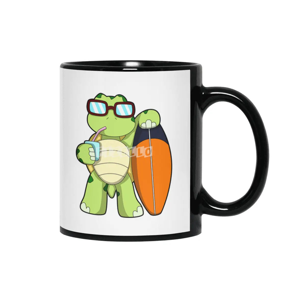 Turtle as Surfer with Surfboard & Drink Siyah Kupa