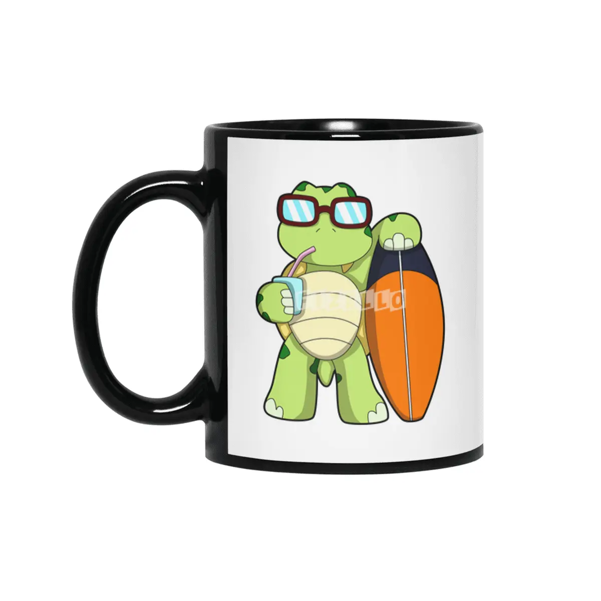 Turtle as Surfer with Surfboard & Drink Siyah Kupa
