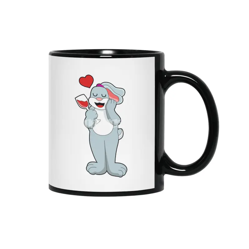Rabbit with Glass of Wine & Heart Siyah Kupa