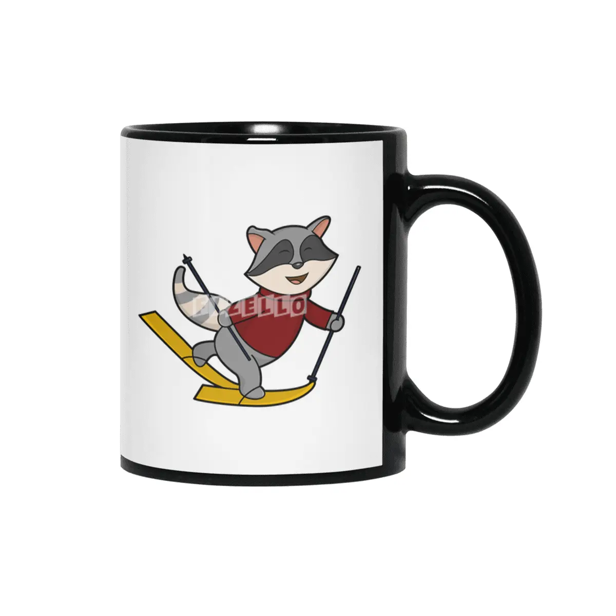 Raccoon as Skier with Skis and Ski poles Siyah Kupa