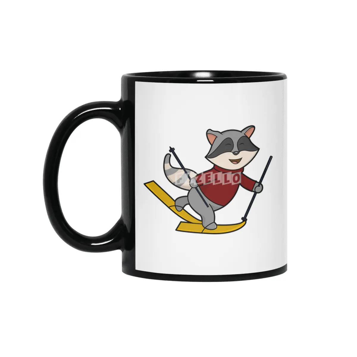 Raccoon as Skier with Skis and Ski poles Siyah Kupa