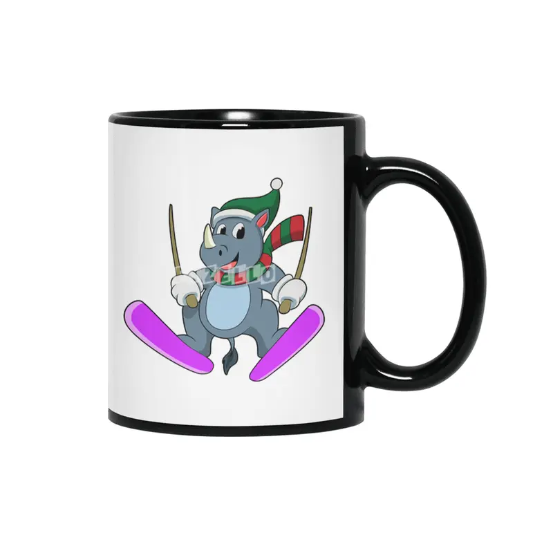Rhino as Ski jumper with Skis & Scarf Siyah Kupa
