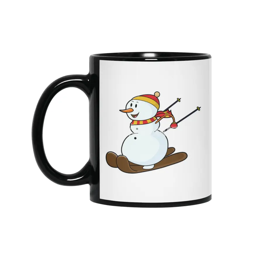 Snowman as Skier with Skis & Cap Siyah Kupa