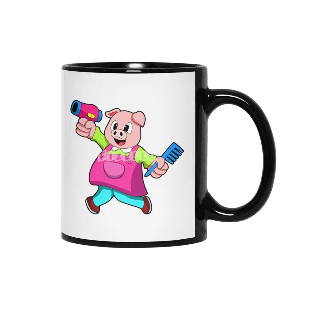 Pig as Hairdresser with Hair dryer & Comb Siyah Kupa