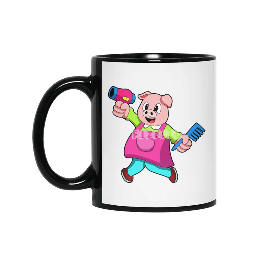 Pig as Hairdresser with Hair dryer & Comb Siyah Kupa