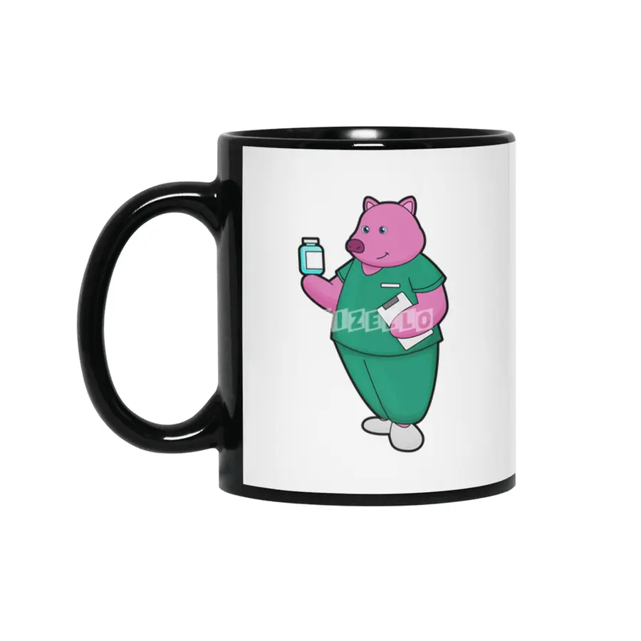 Pig as Nurse with Medicine Siyah Kupa