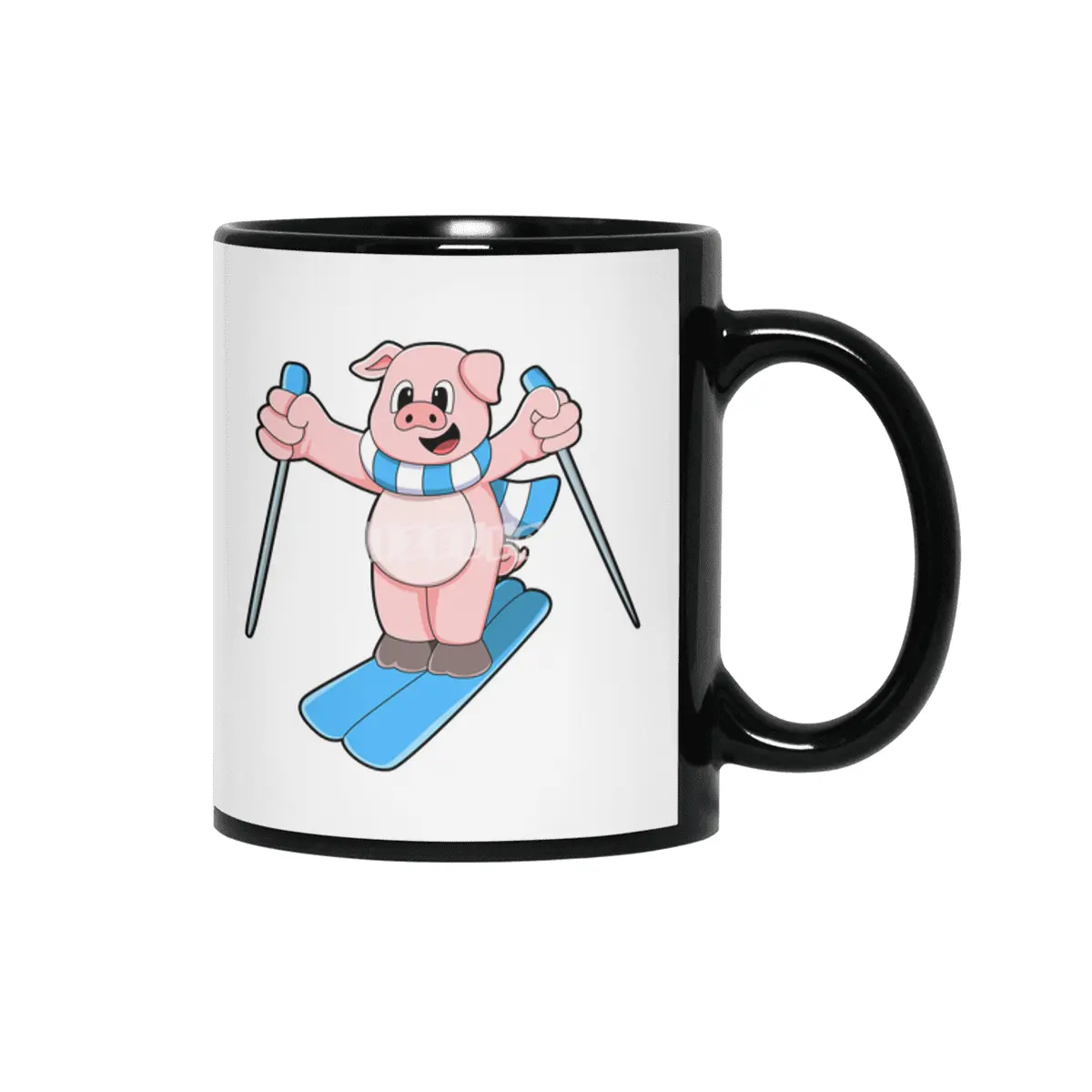 Pig as Skier with Ski Scarf & Ski poles Siyah Kupa