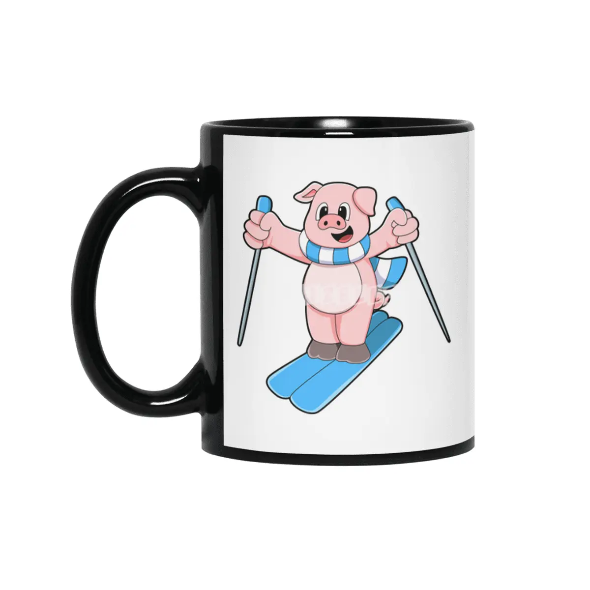 Pig as Skier with Ski Scarf & Ski poles Siyah Kupa