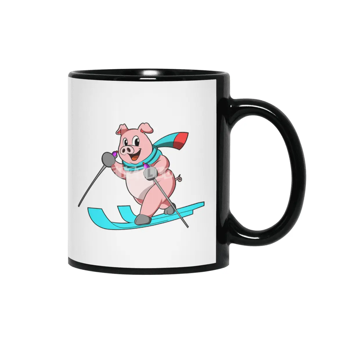 Pig as Skier with Skis Siyah Kupa