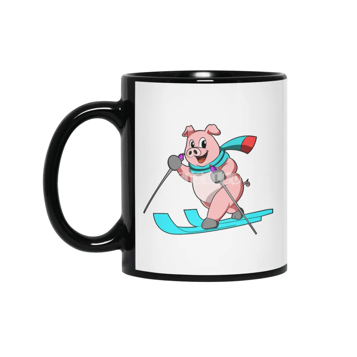 Pig as Skier with Skis Siyah Kupa
