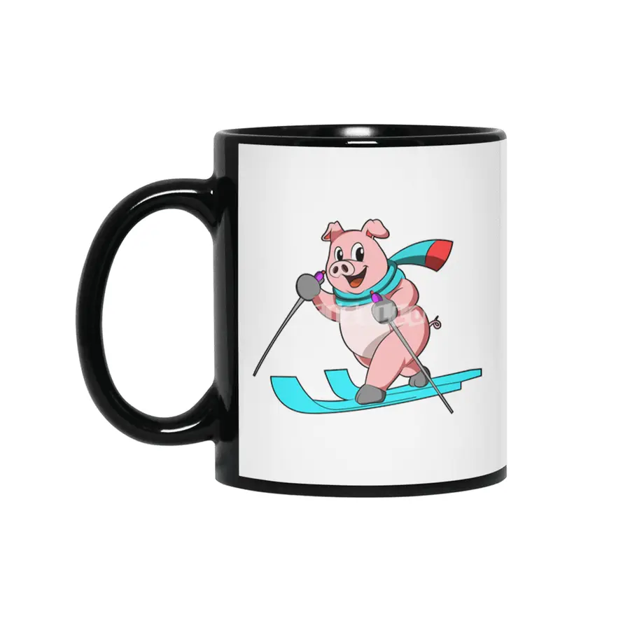 Pig as Skier with Skis Siyah Kupa