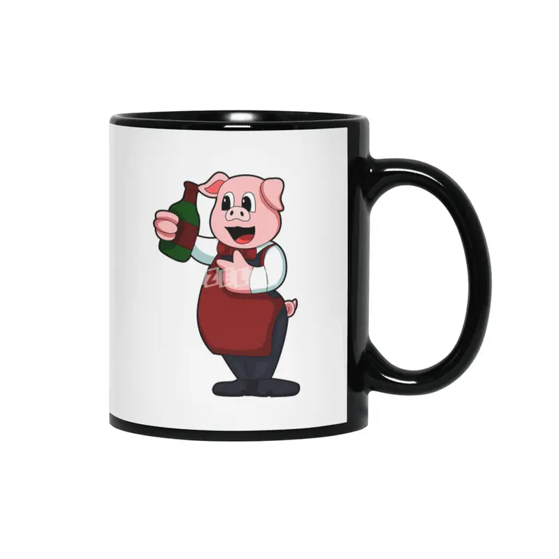 Pig as Waiter with Bottle of Red wine Siyah Kupa