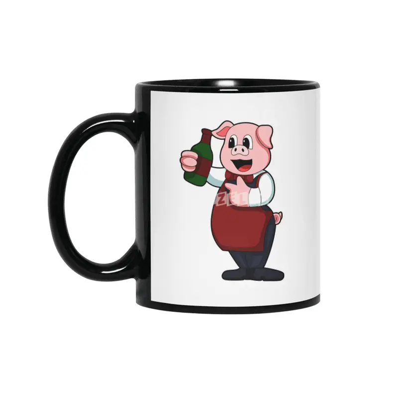 Pig as Waiter with Bottle of Red wine Siyah Kupa