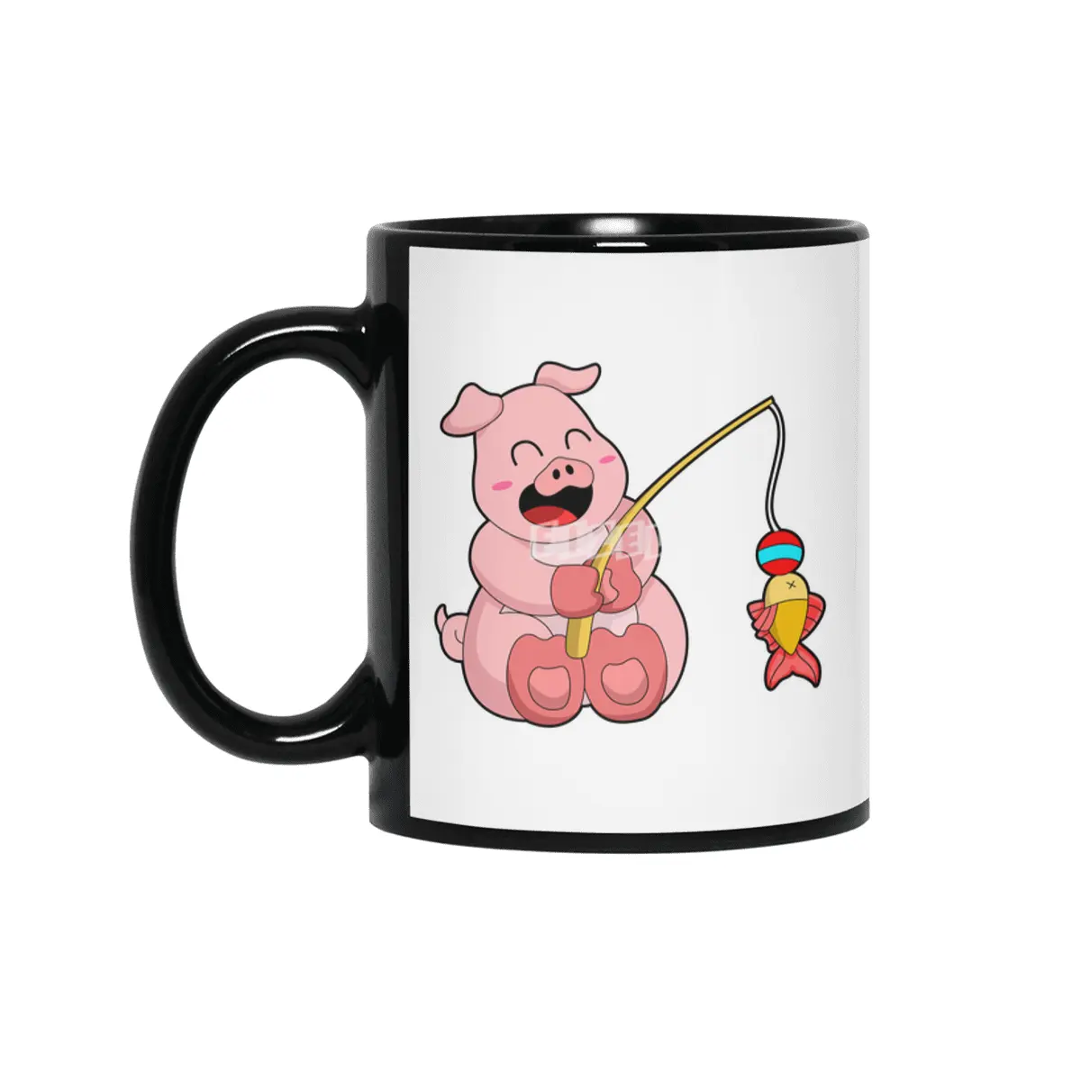 Pig at Fishing with Fish Siyah Kupa