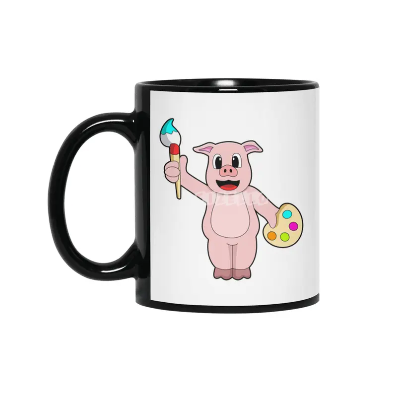 Pig at Painting with Brush & Colour Siyah Kupa
