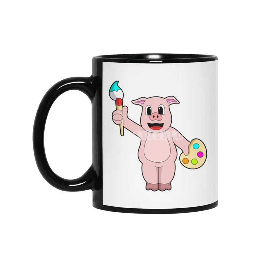 Pig at Painting with Brush & Colour Siyah Kupa