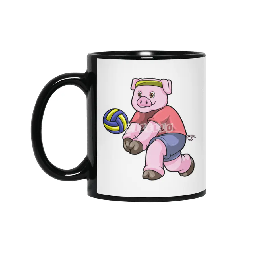 Pig at Sports with Volleyball Siyah Kupa