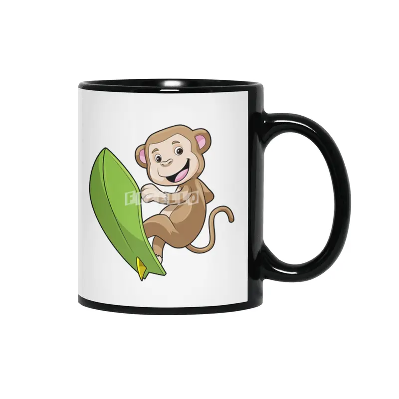 Monkey as Surfer with Surfboard Siyah Kupa