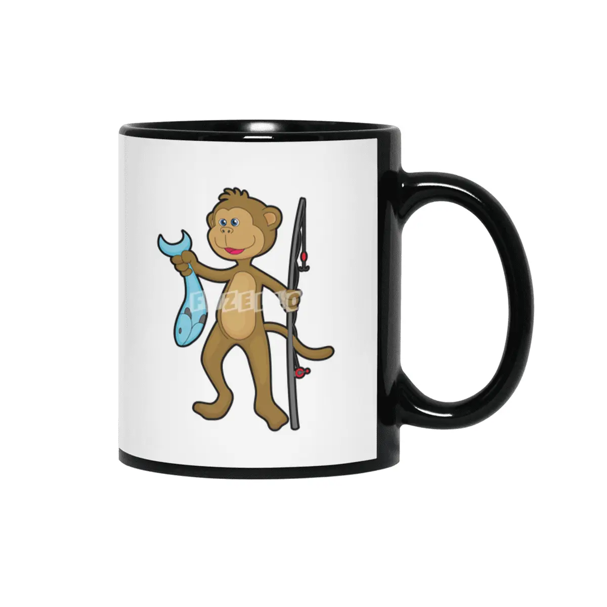 Monkey at Fishing with Fishing rod & Fish Siyah Kupa